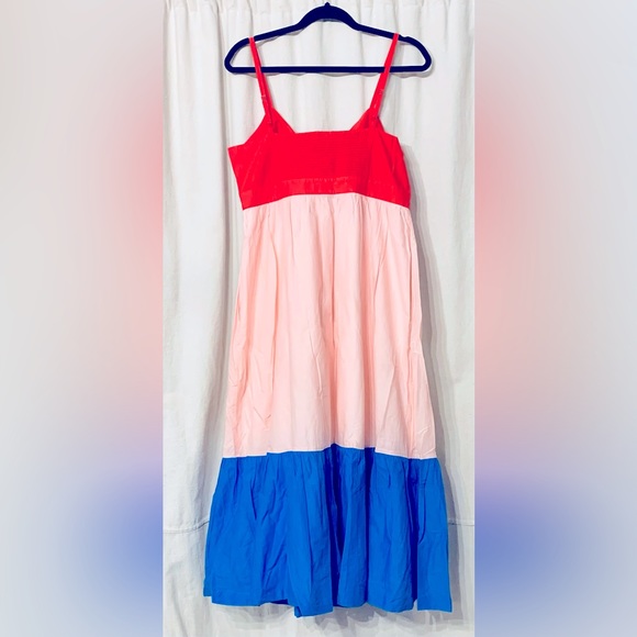 (Size 12) J. Crew Red Blue Colorblock Tie-Front Cutout Midi Dress - Picture 3 of 4